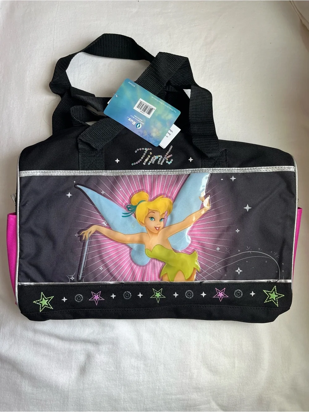 Vintage Disney Tinker Bell Black, Pink & Green Kids Duffle Bag Y2K Deadstock